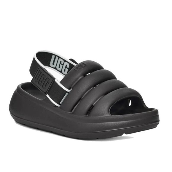 UGG Sport Yeah Sandals 9 Black Slides logo Print Backstrap - Picture 2 of 11